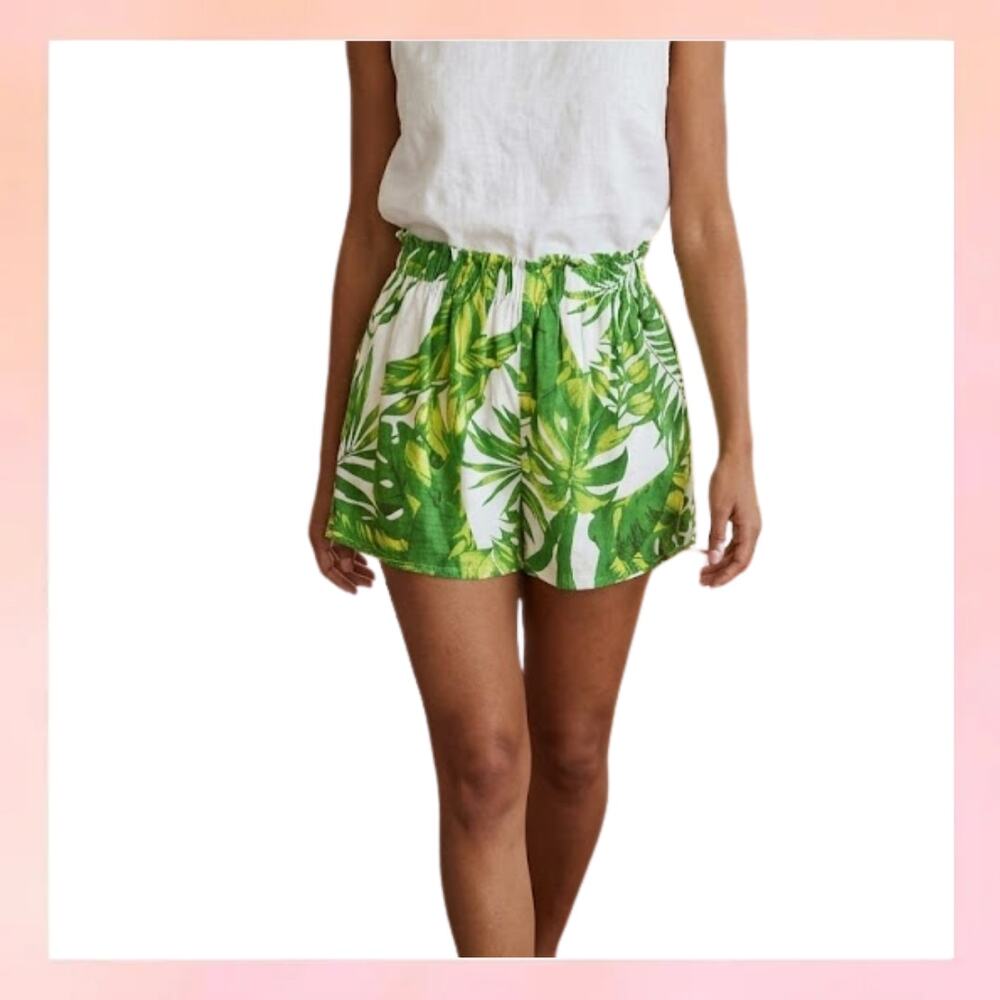 Karlie Tropical Palm Leaf Print High Waisted Shorts with Pockets - Green & White